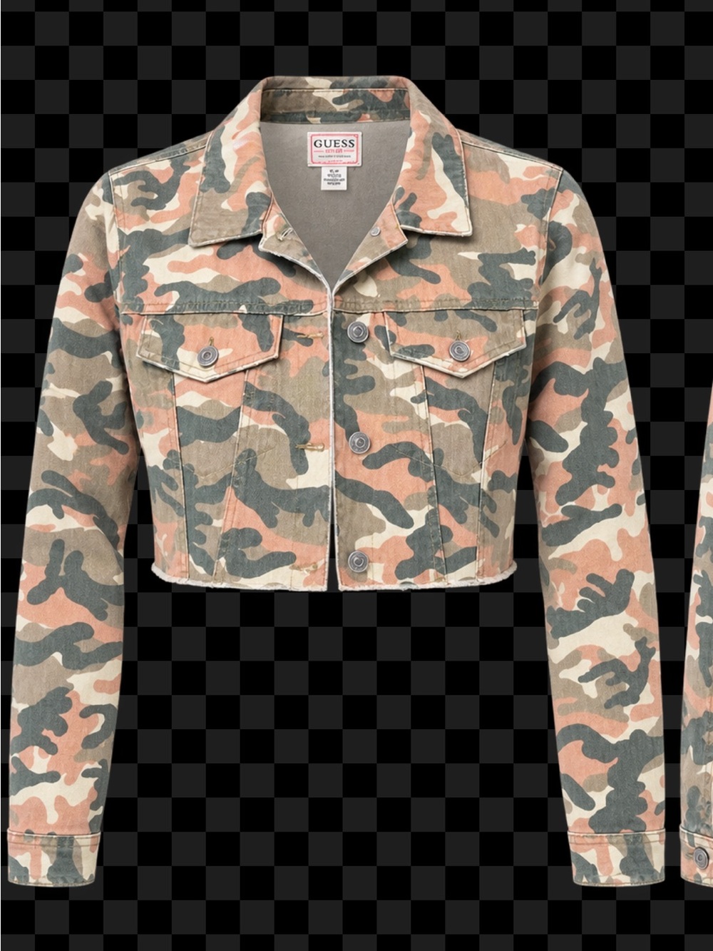 GUESS Women’s Cropped Camo Denim Jacket Raw Hem Long Sleeve Camouflage